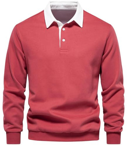 MakingDa Mens Polo Neck Sweatshirts Long Sleeve Casual Pullover Sweatshirt Solid Color Winter Warm Regular Fit Jumper Top Plain Light Red XXL
