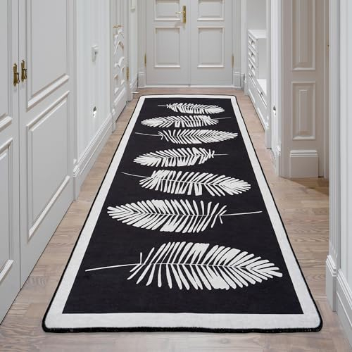 miqna Wohnzimmer Teppich Kurzflor Moderne geometrische rutschfeste Boden Flur Teppich Gel Läufer schwarz weiß (Hoja Schwarz, 80 x 200 cm)