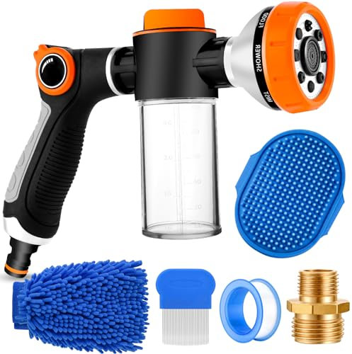 2-in-1 Dog Shower Attachment for Indoor & Outdoor, 8 Sprayer Mode Pup Jet Dog Wash Hose Attachment with Soap Dispenser, Pet Brush, Car Wash Mitt, Ideal for Watering Plant, Car Washing, Showering Pet