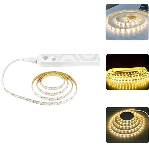 ieron Tira de luces LED con sensor de movimiento, batería de 2 m con interruptor, autoadhesiva, cortable, impermeable, cinta LED regulable para debajo del gabinete, cocina, dormitorio (blanco cálido)