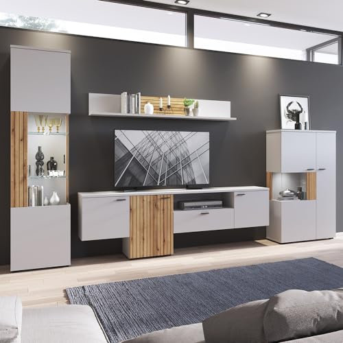 Wohnwand Wohnmöbel Set grau mit Eiche 4-teilig modern, 1 Lowboard, 1 Wandboard, 1 Vitrine, 1 Highboard inkl. Beleuchtung