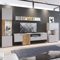 Wohnwand Wohnmöbel Set grau mit Eiche 4-teilig modern, 1 Lowboard, 1 Wandboard, 1 Vitrine, 1 Highboard inkl. Beleuchtung