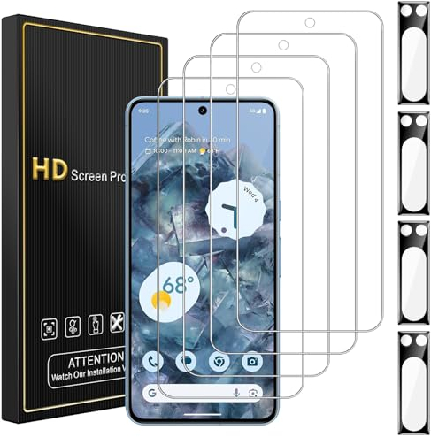 Romkasi 4+4 Pièces Verre Trempé pour Google Pixel 8 Pro, 4 Pièces Film Protection écran et 4 Pièces Caméra Arrière Protecteur, Anti Rayures Dureté 9H Glass Sans Bulles