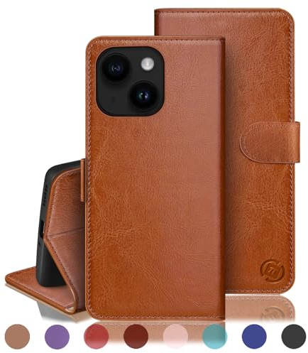 RingPi für iPhone 13 6.1 Handy Hülle PU Leder[RFID Schutz] Handyhülle Lederhülle Klapphülle Kartenfach Stoßfeste Schutzhülle Leather Flip Cover für Apple 13 Wallet Phone Case,Hellbraun