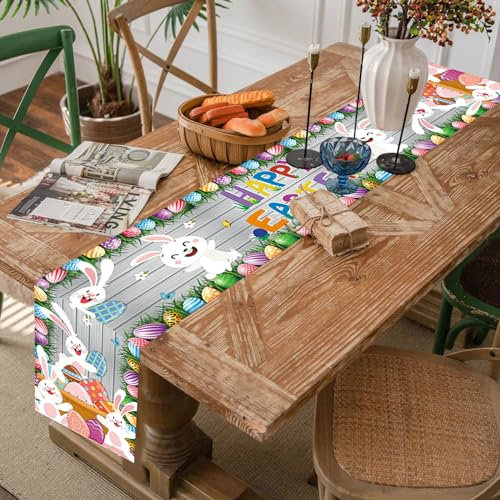 Happy Easter Tischläufer 180 x 35cm Hasen Ostern Eier Tischdecke Spring Saisonal Oxford Stofftisch Cover Ostern Urlaubszeit Dekorationen für Tisch Haus Küche Esshaus Innenbereich Outdoor Partyzubehör