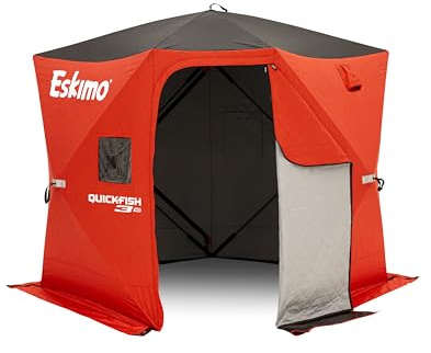 Eskimo QuickFish™ 3HD, Pop-Up Portable Shelter, No-Trip Door, Red/Black, Fully Insulated, Deluxe Ice Anchors, Three Person, Ice Fishing Shelter, 46075