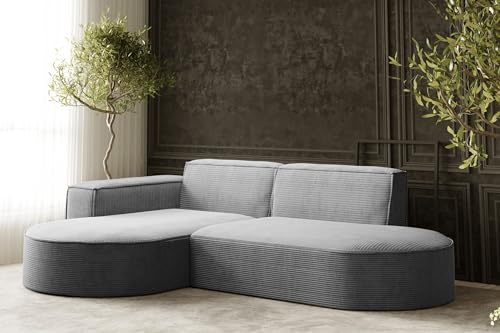 Kaiser Möbel, Ecksofa, Sofa Modena Studio Parma, Modern Design Couch, Polsterecke, Freistehend Sofa Wohnzimmer -Stoff Dicker Cord Poso Silber Links
