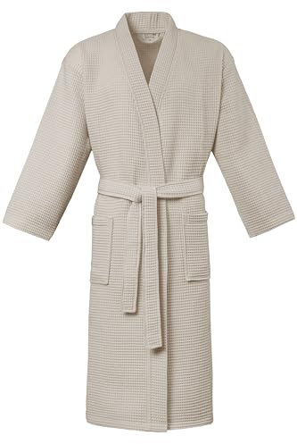PandaHome Bademantel 100% Baumwolle Waffelstoff Reisebademantel für Damen und Herren, Weiches, Saugfähiges und Leichtes Spa Bademäntel (Beige, M)