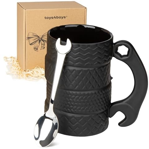 Tasse de pneu de grande capacité de 450 ml en céramique avec cuillère Tasse de pneu 3D Grande tasse de voiture avec anse Tasses à café pour hommes pour le bureau pour les amateurs de voiture pour la