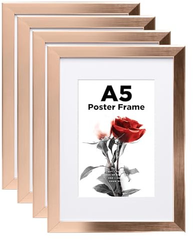 Egofine Cornice portafoto in legno A5, formato A5, con vetro acrilico, per foto 10 x 15 cm, per montaggio a tavolo e a parete, 14,8 x 21 cm, per ritratti, casa, ufficio, oro rosa, 4 pezzi