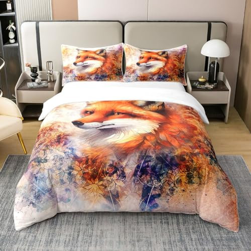 Loussiesd Fuchs Drucken Cartoon Fuchs Bettbezug Set für Jungen Kinder 3D Tier Theme 100% Baumwolle Bettwäsche Set 135x200cm Zimmer Dekor Wild Fuchs Reißverschluss 2Stück
