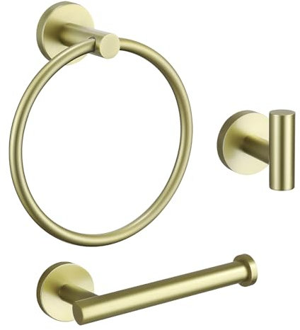 TURS Bathroom Hardware Accessories Set,Towel Hook Toilet Roll Holder Towel Ring, Wall Mounted Toilet Paper Holder, 3 Pieces Classic Stainless Steel Bath Accessory Hooks, Brushed Gold