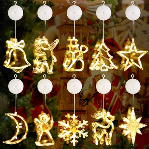 BORDEAG LED Saugnapf Weihnachten Lichter, 10 Stück LED Fensterlicht Saugnapf, Weihnachtsbeleuchtung Fenster, Hängende Innen Fenster Leuchte mit Saugnapf für Weihnachten Deko, Balkon, Hochzeit, Party