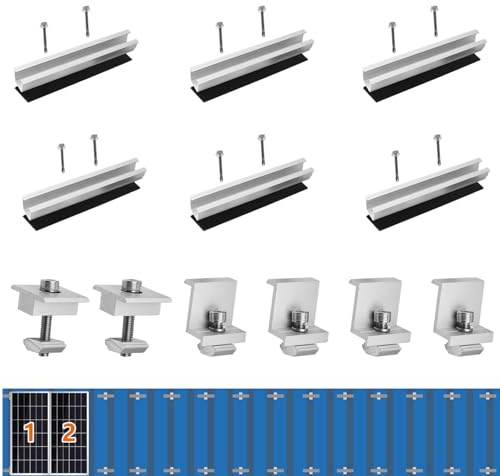 Solarmodul Halterung Kit 6 Stück 12cm und Zubehör Silber Eloxiert 30-35mm Verstellbar, Halterung für Solarmodule, Solarpanel Halterung Montageset 2 Module Geeignet für Flachdach Trapezdach