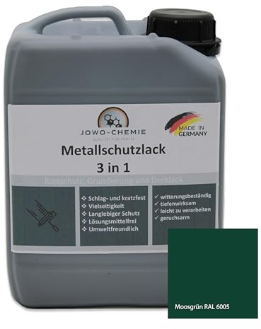 JOWO-CHEMIE Metallschutzlack 3in1 (5kg) Metallfarbe Dauerhafter Schutz & hohe Beständigkeit, umfassende Lösung für den Schutz und die Veredelung von Metalloberflächen (Moosgrün RAL 6005)