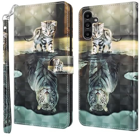 Bnvdfre Handyhülle für Samsung A16 Hülle Wallet Lederhülle Standfunktion Magnetverschluss Stoßfest Flip PU Leder Cover Case Klapphülle für Samsung Galaxy A16 5G/4G-Katze Tiger