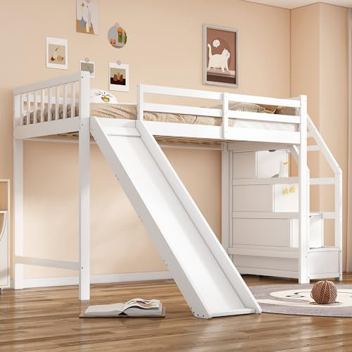 MSMOK Hochbett 90x200cm, Kinderbett, mit Rutsche, Ablageleiter, EN747 Zertifiziert, weiß