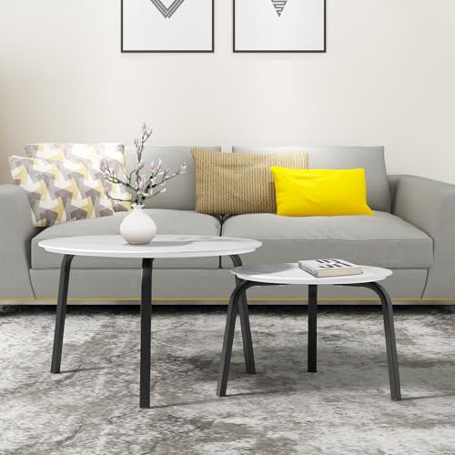 okwish Satztische 2 er Set, Beistelltisch Set, Sofatisch, Kaffeetisch, Metall Untergestell und Tischplatte aus Schiefer,Wohnzimmertisch, Modern (Runden, Schwarz 6)