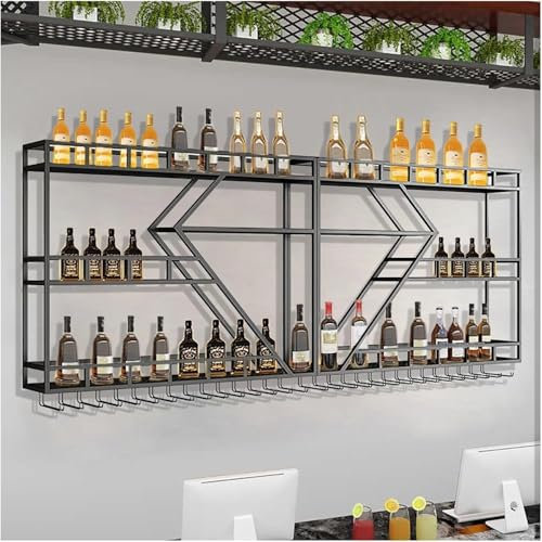 ZHENCHAO Weinregal zur Wandmontage mit LED-Licht, 3-stufiges Spirituosenregal, Barschrank mit Glashalter, hängendes Weinglasregal für die Hausbar, Esszimmer, Café, Küche (schwarz, 150 x 20
