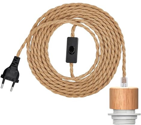 500CM Lampara Colgante de Cuerda de Cáñamo con Interruptor, kit de Portalámpara E26/E27 de Madera con EU Enchufe, Lampara Colgante Vintage Lámparas Rusticas de Techo Lámparas DIY (Sin Bombilla)