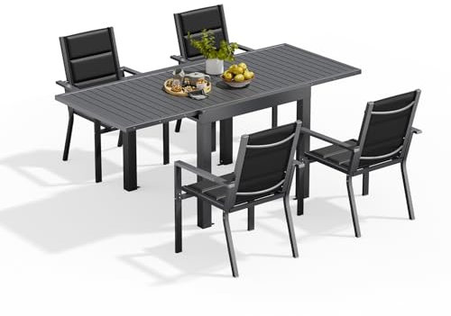 Devoko Gartenmöbel Set 4 Personen,4+1 Aluminium Tisch und Stühle Set Balkonmöbel, 4 Stapelbare Gartenstühle und 1 80/160 cm Dehnbarer Gartentisch,Terassen möbelsets außen Lounge, Dunkelgrau