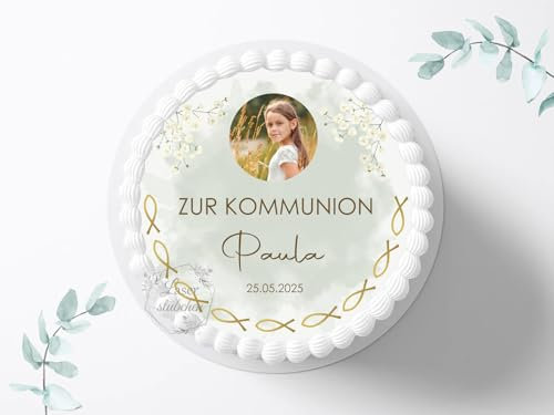Tortenaufleger zur Kommunion mit Wunschbild, Name & Datum personalisierbar, ⌀20cm Zuckerbild, Deko für Kuchen, Foto für Torten, Fondant 0014KM
