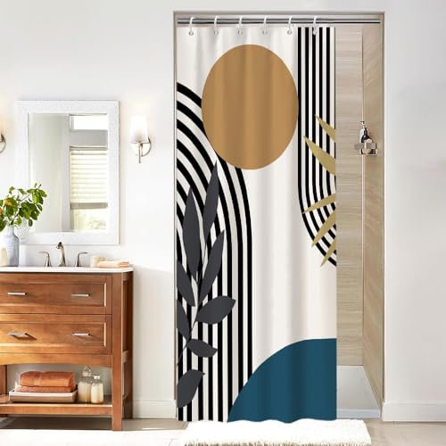 Uiiooazy Rideau Douche Bleu, Rideau de Douche Abstrait Géométrique Lignes Noir Rayé Rideaux de Baignoire Anti Moisissure Imperméable Tissu Polyester Rideaux Salle de Bain avec 6 Crochets 90x180cm