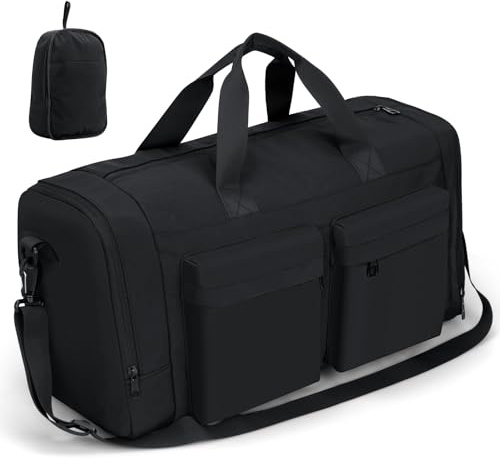 Cozary Faltbare Sporttasche 31L – Große Reisetasche mit Schuhfach & Nassfach, Wasserabweisend, Weekender Handgepäck mit Kofferband für Herren & Damen – Fitness, Gym, Fußball, Schwimmen – Schwarz