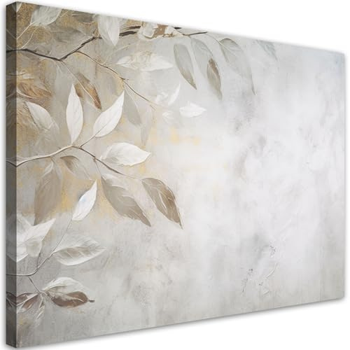 Feeby Stampe Da Parete - Quadri Soggiorno - Foglie beige ramoscelli natura cemento - 120x80 cm - Decorazioni Camera Da Letto