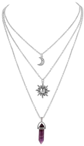 YUZNA 1 Stück Kristall Anhänger Halsketten,Gotischer Sonne und Mond Halskette für Frauen,hexen zubehör,Layered Crescent Mond Halskette für Frauen，Goth Hexen HalsketteY2k Accessoires Schmuck
