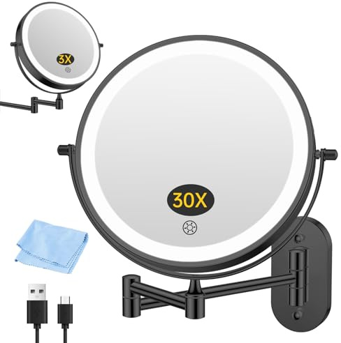 FUNTOUCH 5000mAh Wiederaufladbar Kosmetikspiegel mit Beleuchtetung3X/30X | Spiegel Vergrößerung Wandmontage, Rasierspiegel mit 3 Lichtfarben, 360° Drehbar für Badezimmer