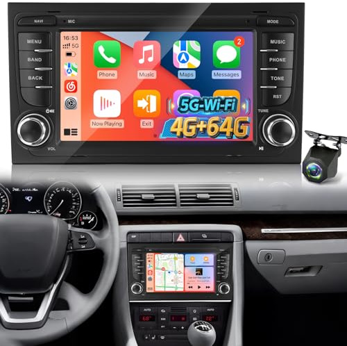 4+64GB Autoradio Android para Audi A4 B6/B7, S4 B5/B7, RS4 B7/Sportback, Seat Exeo, Plug-and-Play, CarPlay y Android Auto Inalámbricos, WiFi GPS Navegación DSP Bluetooth + Cámara de Reversa