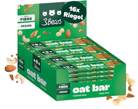 3Bears Oat Bar Dreierlei Nuss 16x45g - kaltgepresster Müsliriegel saftig statt bröselig - Hafer-Nuss-Riegel vegan ohne Industriezucker - ballaststoffreich für unterwegs