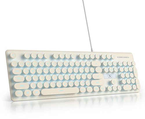 Vumilstek Wired Retro Typewriter Keyboard, American QWERTY Quiet Computer Keyboard with Full Size 104 Round Keys Blue LED Backlit Slim Silent for Windows PC Laptop(Khaki)