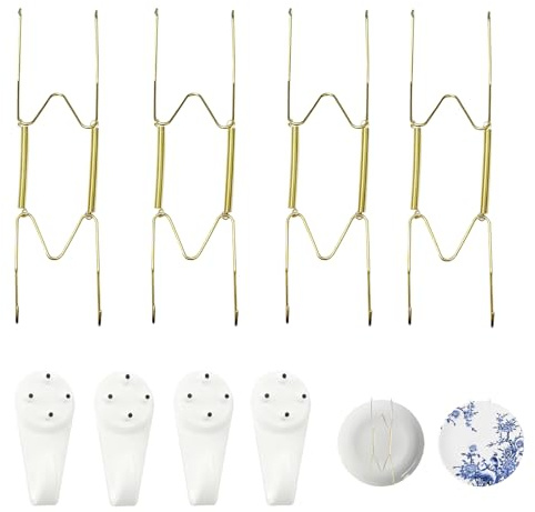 4PCS Plate Hangers for Walls, 8 Inch Invisible Plate Hangers with 12 Wall Hooks Wal l Stainless Steel Decorative Dish Display Holders Plate Hange rs for Decorative Plates and Art (Gold)