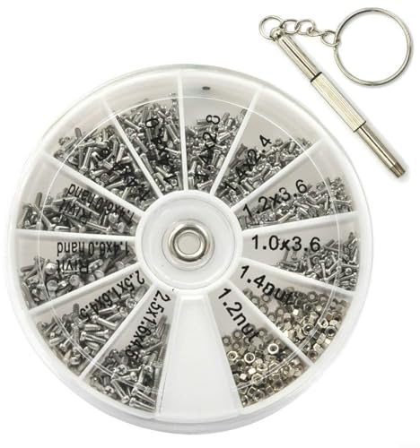 Bulevisiter Mini-Schrauben- und Muttern-Set, 600 Stück, mit 3-Wege-Schraubendreher, 12 Arten M1,2/M1,4 Muttern und Schrauben 1,0–2,5 mm für Uhren, Brillen, Handys, Kameras (SKU)