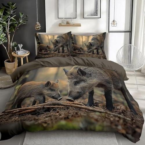 PUOJIEAT Bettwäsche 135x200 Wildschwein, 3D Bettbezug Wildschwein Mikrofaser Bettwäsche Set, Bettwäsche-Sets 135x200 + 2 Kissenbezug mit Reißverschluss OPQ6652