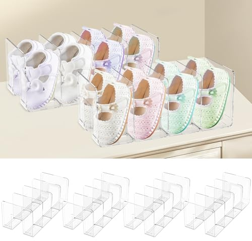 4 Pack Clear Acrylic Kids Shoe Rack for Closet Organizer 4 Sections Toddler Baby Shoe Storage Stackable Shoes Shelf Handbag Storage Desk File Sorter Book Purse Organizer for Bedroom Closet Dorm