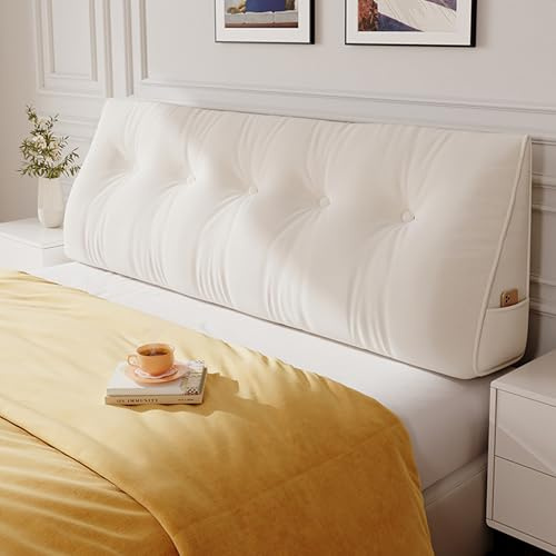 DUOLEH Bett-Leserückenlehnenkissen mit Taschen, abnehmbares Gaming-Kissen, waschbares, entspannendes Rückenlehnenkissen, gemütliches Dreieck-Rückenstützkissen zum Fernsehen (60 x 50 x 20 cm, Weiß)