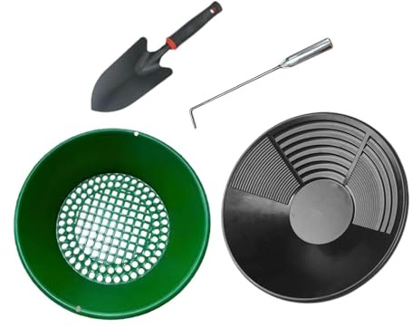 Fiocias Kit per la Ricerca dell'oro con Schermo classificatore da 35 cm, Attrezzatura con cazzuola Manuale, vaschetta per la Ricerca dell'oro, Setaccio Verde