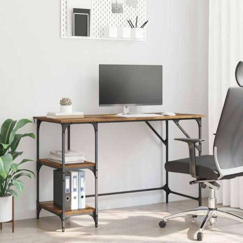 kithwjll Schreibtisch Altholz Optik, 120x50x75 cm, Industrial Design Computertisch mit 3 Regalen, Robuster Holzwerkstoff und Metallrahmen für Home Office, Vielseitiger Arbeitstisch