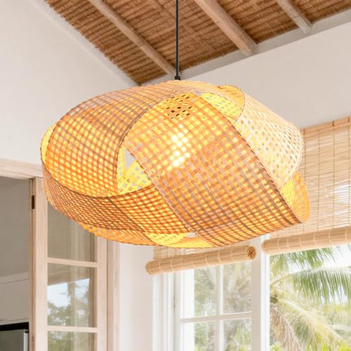 Parrot Uncle Boho Bambus Lampenschirm, 50cm Natürlicher Rattan Pendelleuchte, Korb Hängelampe, Höhenverstellbar, E27-Fassung für Esszimmer, Wohnzimmer, Flur(keine Glühbirne) [Energieklasse A]