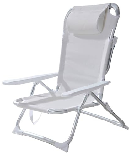 Well Home Silla de Playa Aluminio Tubo Ø22mm con Almohada, textilene 2x1 Tela Blanca, Altura Total 78cm, Asiento 47cm