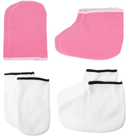 Guanti Esfolianti e Copriscarpe per Piedi 4 Paia in Poliestere | Tessuto Lavorato a Maglia, 2 Paia di Copri-piedi e 2 Paia di Guanti, Bianco e Rosa