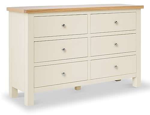 RoselandFurniture Farro Cream Large 6 Drawer Chest of Drawers Bedroom | Fully Assembled, Wooden Storage with Oak Top, Painted Finish, Contemporary Style, H78cm W120cm D36cm