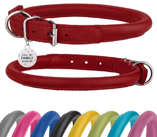 BRONZEDOG Rolled Leather Dog Collar Round Rope Pet Collars for Small Medium Large Dogs Puppy Cat Red Pink Blue Teal Brown Rose Green (Neck Size 16'' - 18'', Red)