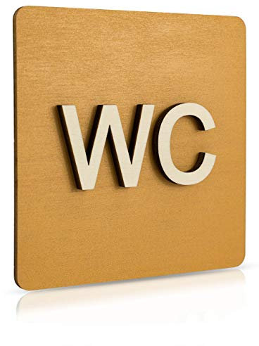 WC Schild Schwarz Holz Toilettenschild Toilette Türschild Damen Herren Piktogramm (14x14cm) (Nussbaum Hell)