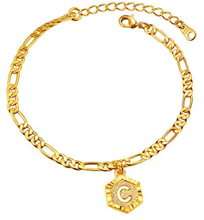 Suplight Buchstabe C Knöchelarmband für Damen Mädchen 18k vergoldet personalisiert Hexagon Anhänger mit 22+5cm Figarokette Initiale Fußkettchen Sommer Strand Schmuck Accessorie