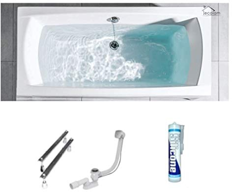 ECOLAM® Badewanne Wanne Rechteck Ines Polimat Design Acryl weiß 170x75 cm + Ablaufgarnitur Ab- und Überlauf Automatik Füße Silikon, Rechteckbadewanne für Zwei