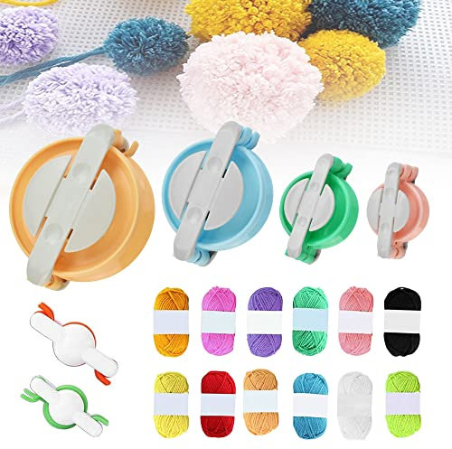 GIRAFEDA Pompom Maker Set 6 Größen Pompon Maker Selber Machen Pom Pom Basteln Wiederverwendbare Fluff Ball Weaver DIY Bommel Maker mit 12 Farben Strickgarn Puschel Bastelnfür Nadelhandwerk Dekoration